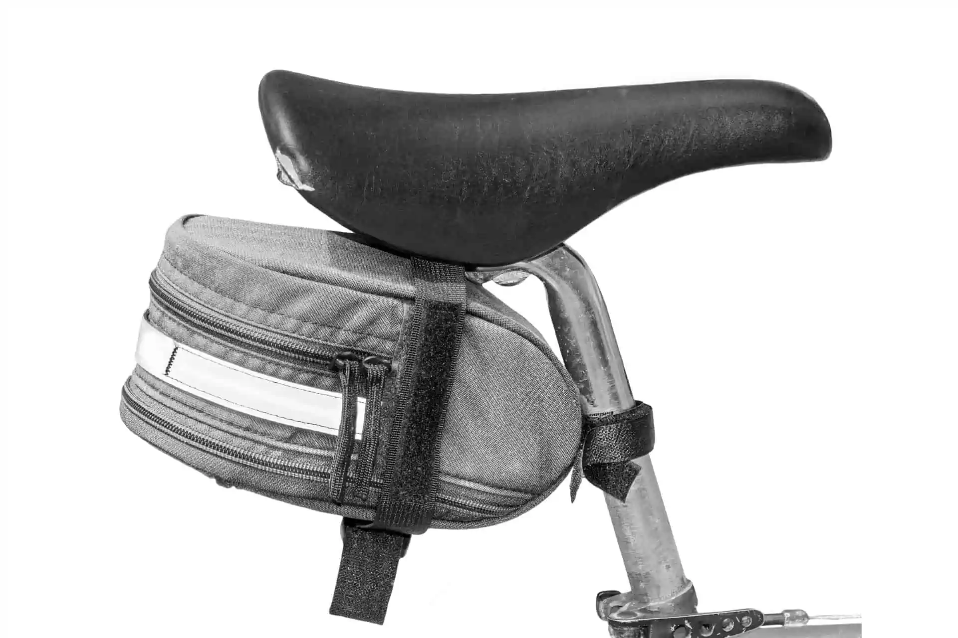 Photo showing a saddle bag on the seat post of a road bike. 
