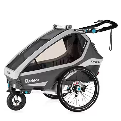 Qeridoo Kidgoo1 Sport 2020 Child Bike Trailer for Toddlers, Single Seater, Kids, 3-in-1 Cover, 5-Point Seat Belt, Adjustable Height (Grey)